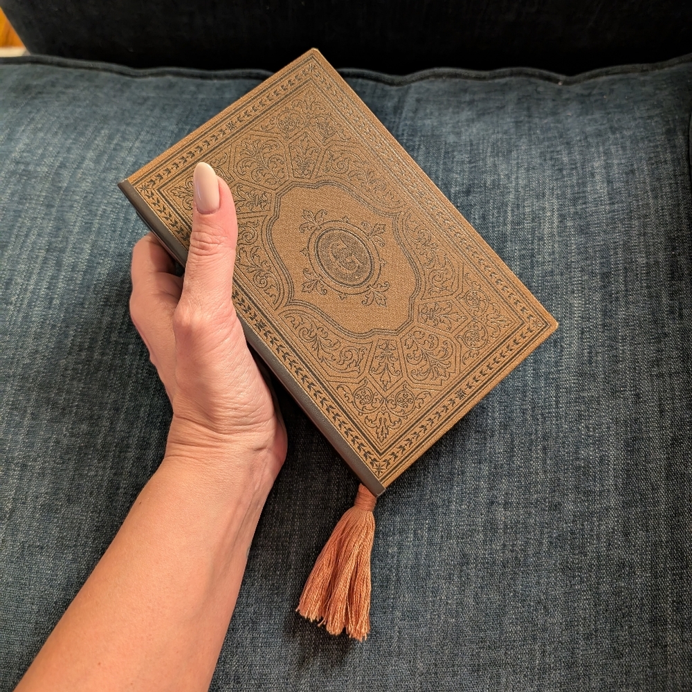 Vintage Brown Hard Cover Book Clutch With Pink Tassel